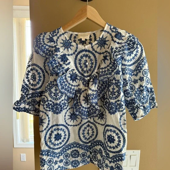 Sezane Chic Blue Patterned Ruffle Blouse Women